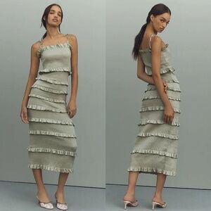 V. CHAPMAN Lily Ruched & Ruffled Stretch Satin Tiered Midi Dress Size 8 Sage